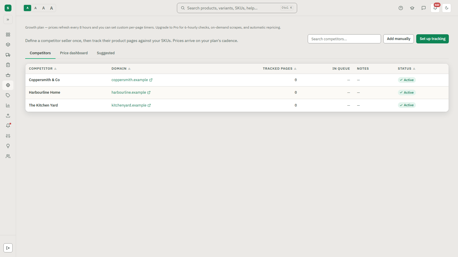 Stocked's competitor tracking screen, listing tracked competitor sources and the confirmed product matches being monitored for price changes.