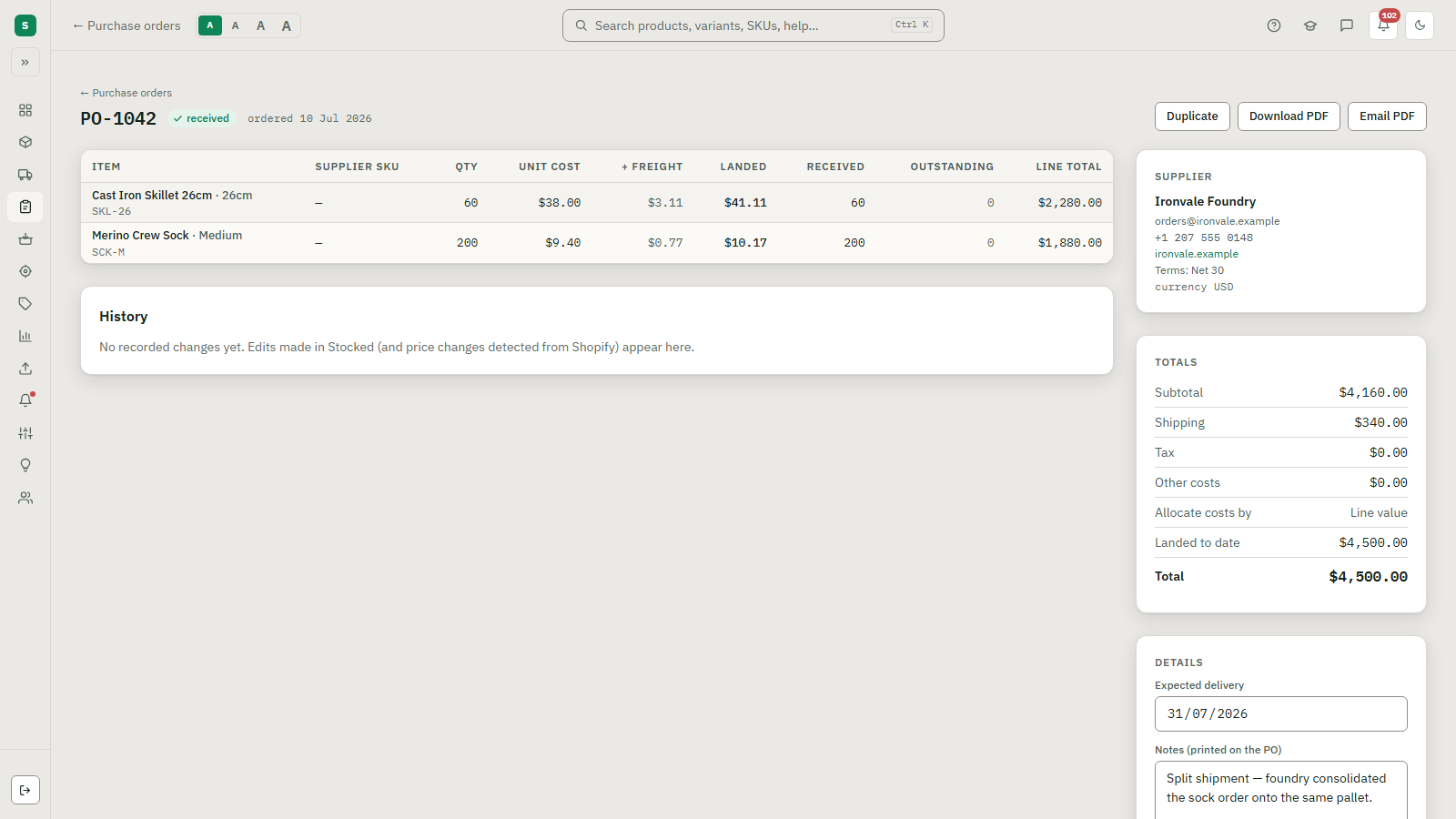 Purchase order PO-1042 in Stocked, showing a freight column: 60 cast iron skillets carrying $3.11 of freight each and 200 pairs of merino socks carrying $0.77 each, from $340 of shipping allocated by line value.