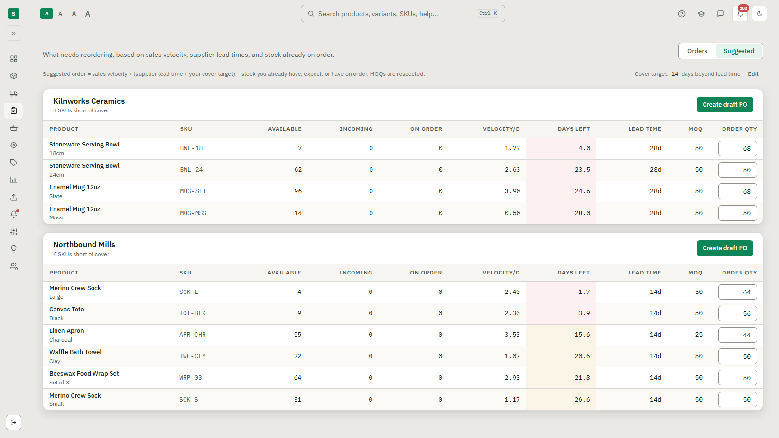 Stocked's suggested reorder list, grouped by supplier, showing available stock, incoming, on order, daily velocity, days left, lead time, minimum order quantity and a suggested order quantity for each SKU.