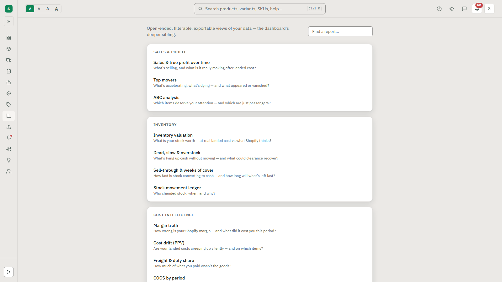 Stocked's report library, grouped into sales and profit, inventory and cost intelligence, with each report titled by the question it answers.