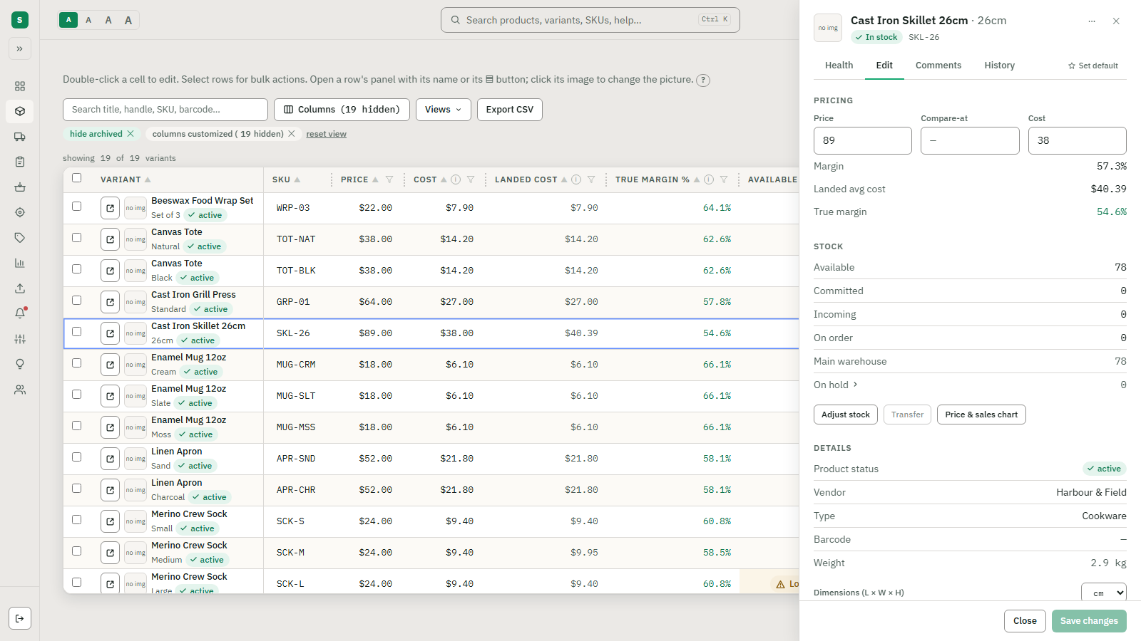 The Stocked variant panel open on its Edit tab beside the stock table, with editable price, compare-at and cost fields, a margin and true margin that recalculate, and stock levels, vendor, weight and dimensions on the same panel.