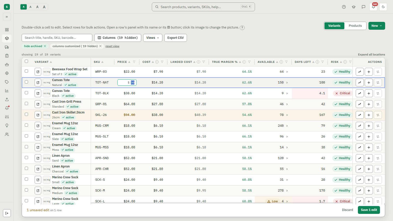 The Stocked stock workspace mid-edit: one row's price cell is open as a text input with the cursor in it, another row is highlighted with a pending price change, and a bar along the bottom reads one unsaved edit on one row with discard and save buttons.